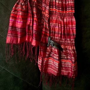 100% to CHARITY Eileen Fisher plaid silk scarf 18”x72” red magenta